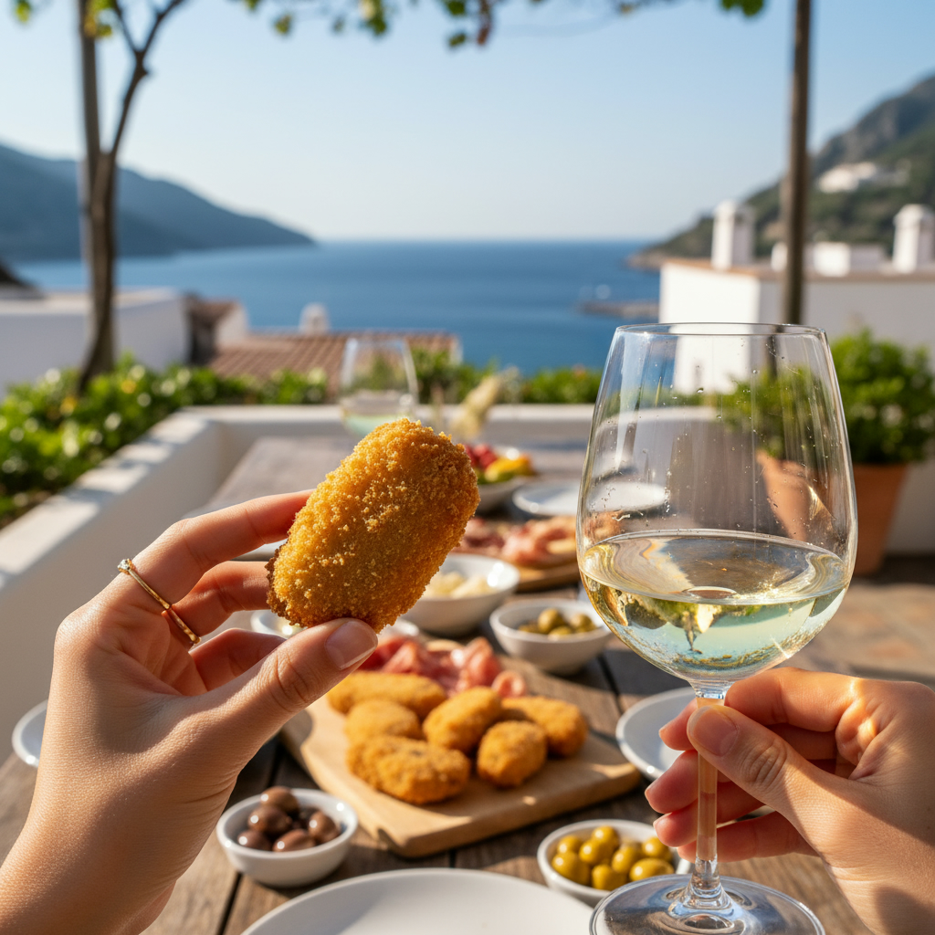 Italian aperitivo scene mussel croquette glass of Vermentino white wine