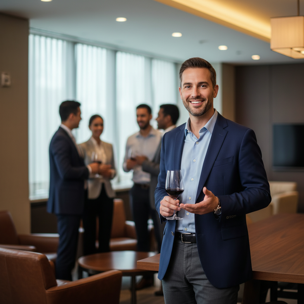 Ritrattistica corporate, uomo 35 anni, vestito smart-casual, sorridente e sicuro di sé mentre tiene in mano un calice di vino rosso e parla con un gruppo di persone sfocate sullo sfondo in un ambiente business lounge. Illuminazione morbida, espressione di successo e rilassatezza sociale. Fotografia stile editoriale Forbes.