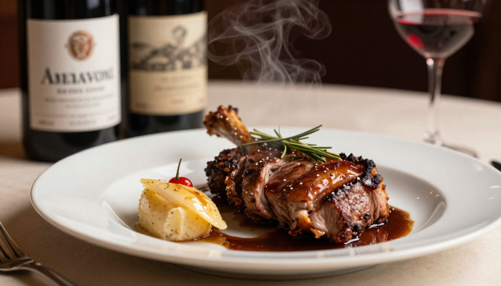 vino rosso Amarone intenso accanto a un piatto di brasato fumante